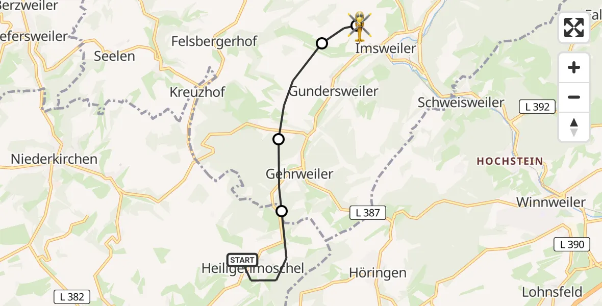 Flugroute Rettungshubschrauber Heiligenmoschel - Imsweiler UL, 27 Juni 2026, 06:19