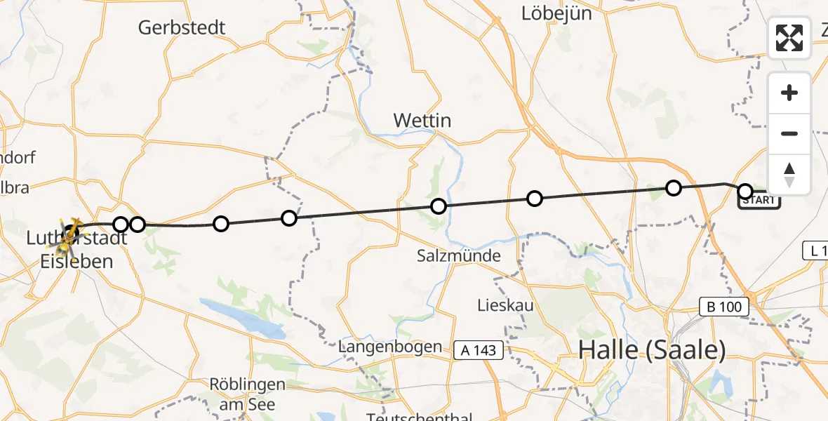 Flugroute Rettungshubschrauber Halle-Oppin Flugplatz - Helios Hospital Lutherstadt Eisleben, 27 Juni 2026, 06:20
