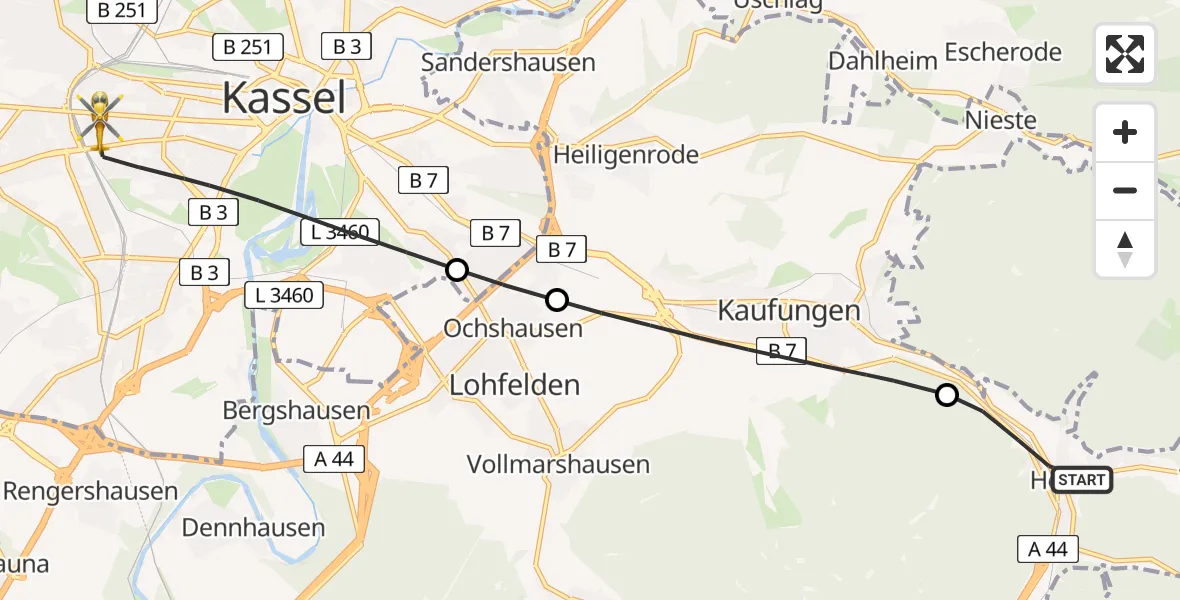 Flugroute Rettungshubschrauber Helsa - Kassel, 27 Juni 2026, 06:33