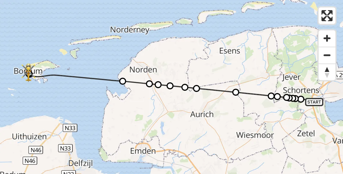 Flugroute Rettungshubschrauber Sande - Borkum Island Hospital, 27 Juni 2026, 06:34