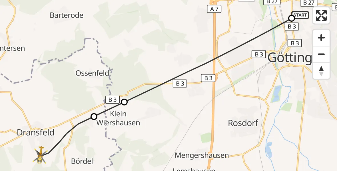 Flugroute Rettungshubschrauber Göttingen University Clinic Hubschrauberlandeplatz - Dransfeld, 27 Juni 2026, 06:37