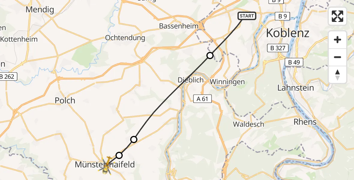 Flugroute Rettungshubschrauber Koblenz - Münstermaifeld, 27 Juni 2026, 06:38