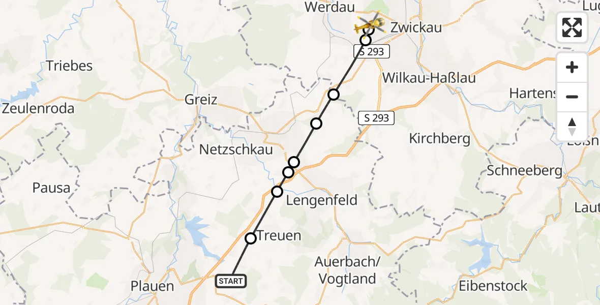 Flugroute Rettungshubschrauber Neuensalz - ADAC Air Rescue Station Zwickau Hubschrauberlandeplatz, 27 Juni 2026, 06:39