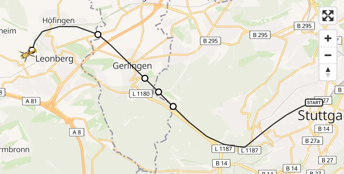 Flugroute Rettungshubschrauber Stuttgart - Leonberg Hospital, 27 Juni 2026, 06:41