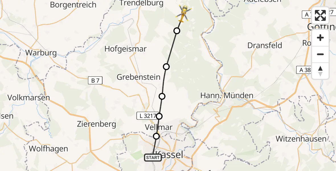 Flugroute Rettungshubschrauber Kassel - Hofgeismar, 27 Juni 2026, 06:43