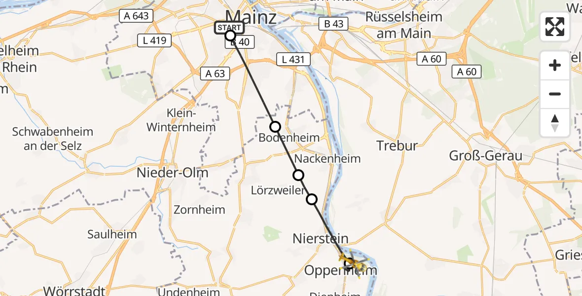 Flugroute Rettungshubschrauber Mainz University Hospital - Oppenheim, 27 Juni 2026, 06:59