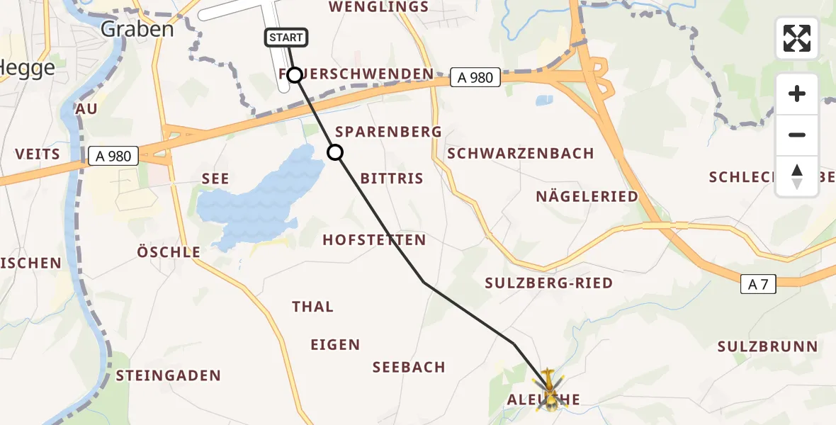 Flugroute Rettungshubschrauber Kempten-Durach Flugplatz - Sulzberg, 27 Juni 2026, 07:06