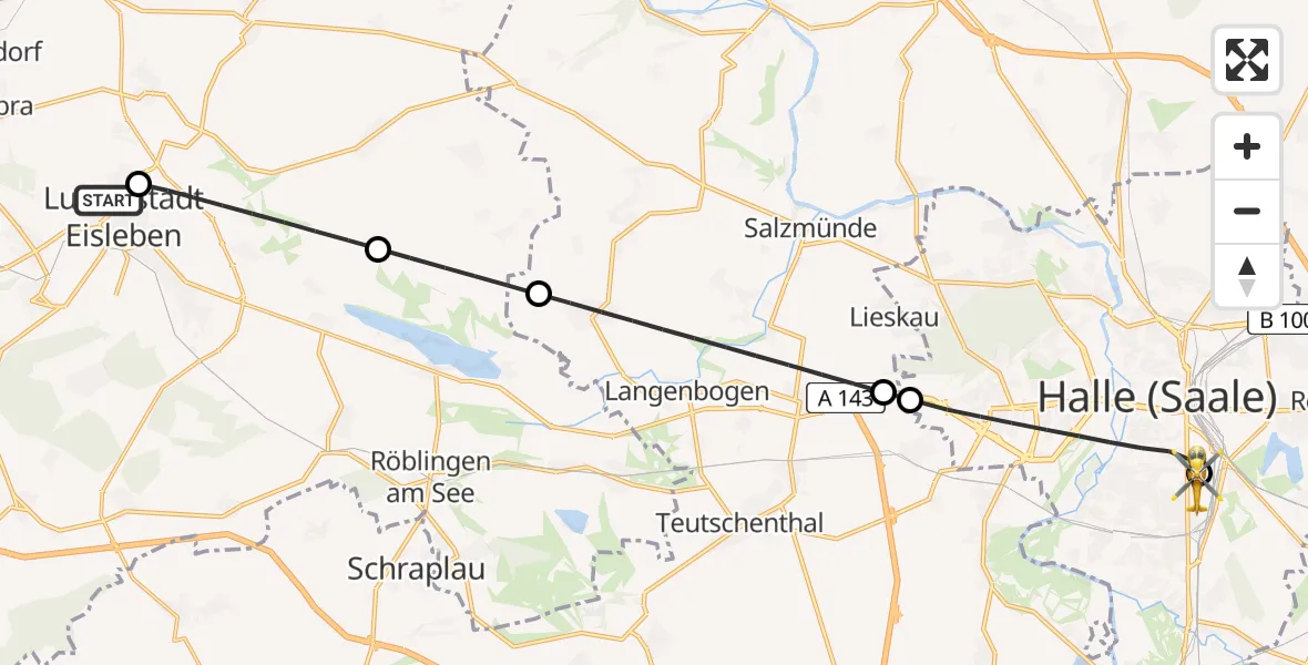 Flugroute Rettungshubschrauber Helios Hospital Lutherstadt Eisleben - BG Hospital Bergmannstrost Halle, 27 Juni 2026, 07:09