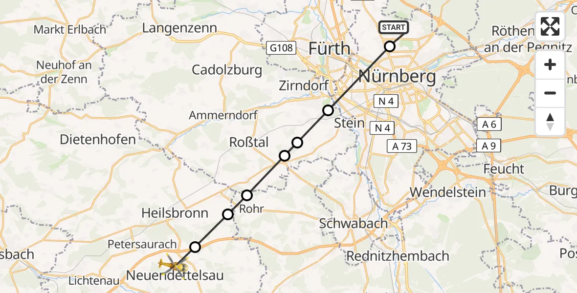 Flugroute Rettungshubschrauber Flughafen Nuremberg - Neuendettelsau, 27 Juni 2026, 07:10