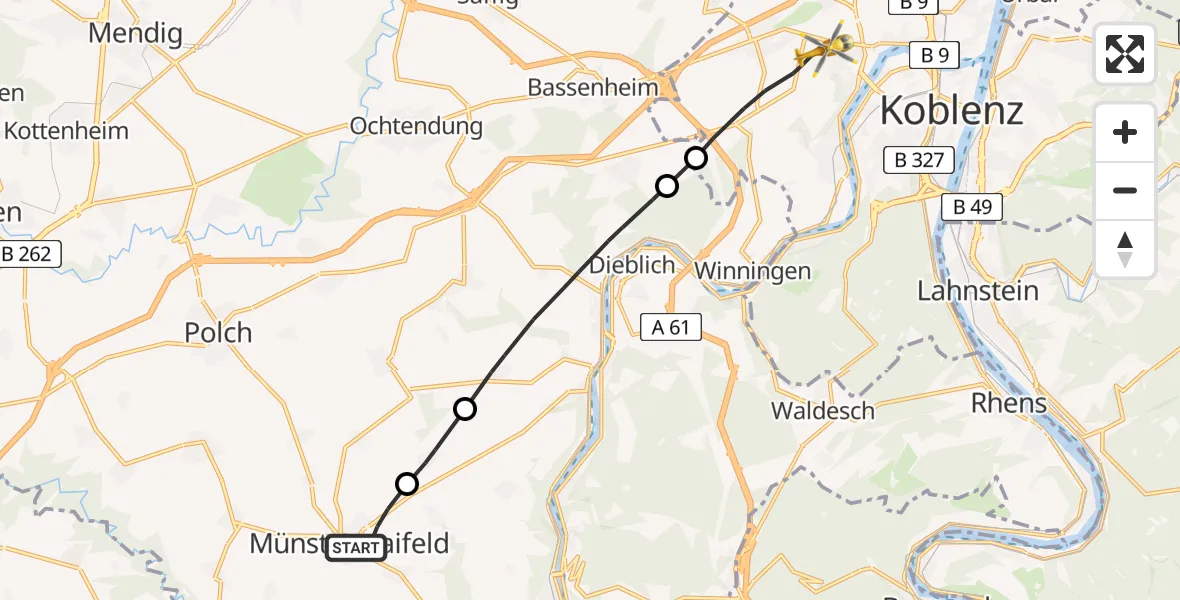 Flugroute Rettungshubschrauber Münstermaifeld - Koblenz, 27 Juni 2026, 07:18