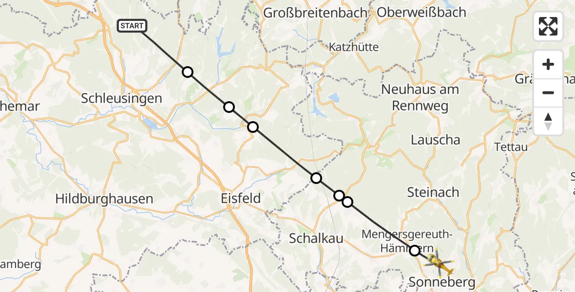 Flugroute Rettungshubschrauber Schleusingen - Sonneberg, 27 Juni 2026, 07:22