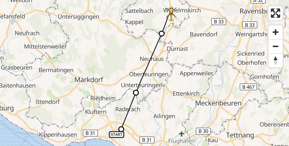 Flugroute Rettungshubschrauber Friedrichshafen Hospital - Horgenzell, 27 Juni 2026, 07:23