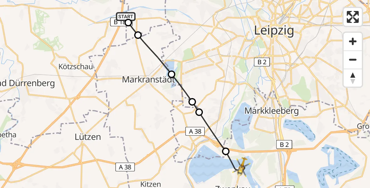 Flugroute Rettungshubschrauber ADAC Air Rescue Station Leipzig/Schkeuditz-Dölzig Hubschrauberlandeplatz (Christoph 61) - Zwenkau, 27 Juni 2026, 07:25