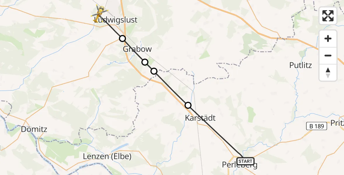 Flugroute Rettungshubschrauber Perleberg - Ludwigslust, 27 Juni 2026, 07:28