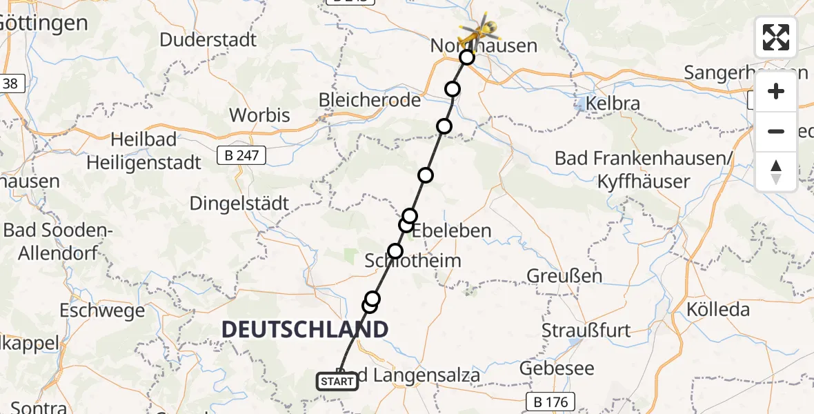 Flugroute Rettungshubschrauber Unstrut-Hainich - Nordhausen, 27 Juni 2026, 07:30
