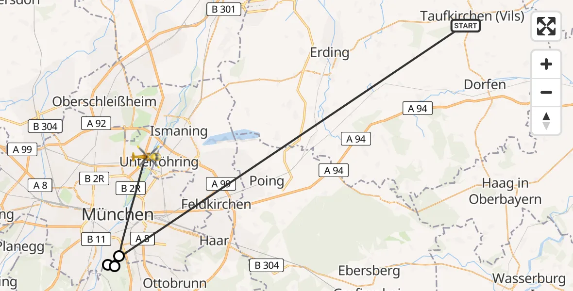 Flugroute Rettungshubschrauber Taufkirchen (Vils) - München, 27 Juni 2026, 07:35