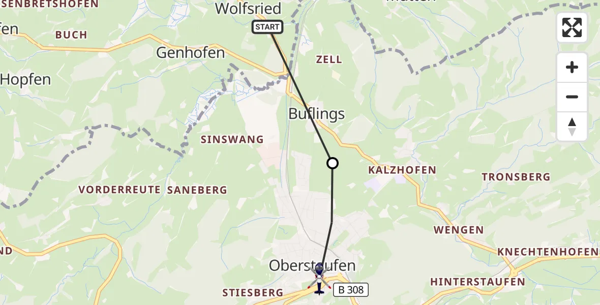 Flugroute Polizeihubschrauber Stiefenhofen - Oberstaufen, 27 Juni 2026, 07:35