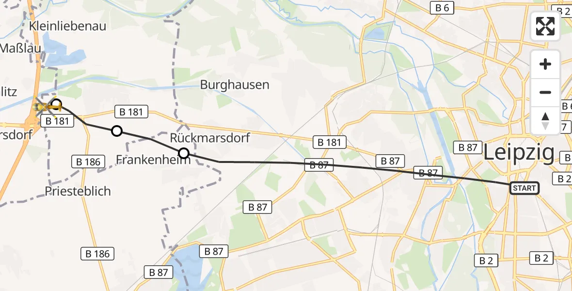 Flugroute Rettungshubschrauber Leipzig - ADAC Air Rescue Station Leipzig/Schkeuditz-Dölzig Hubschrauberlandeplatz (Christoph 61), 27 Juni 2026, 07:42