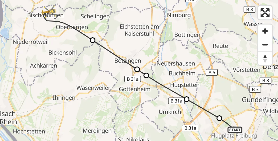 Flugroute Ambulanzhubschrauber Freiburg im Breisgau Flugplatz - Vogtsburg im Kaiserstuhl, 27 Juni 2026, 07:44