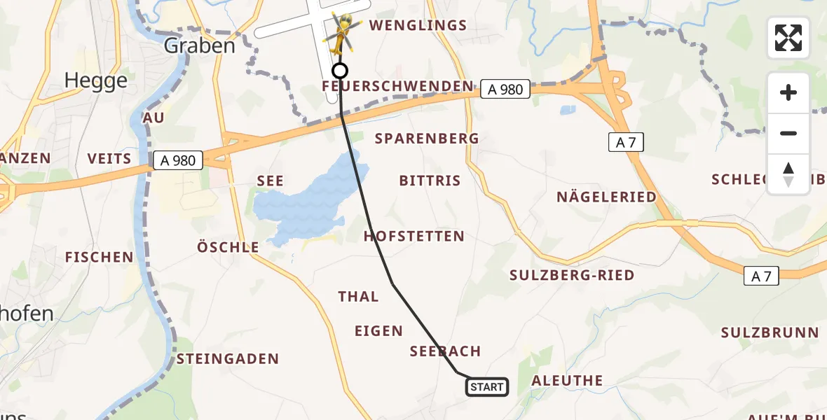Flugroute Rettungshubschrauber Sulzberg - Kempten-Durach Flugplatz, 27 Juni 2026, 07:53