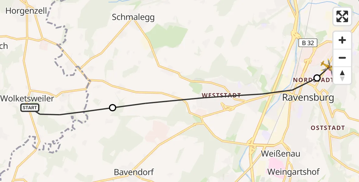 Flugroute Rettungshubschrauber Horgenzell - Sankt Elisabeth Hospital, 27 Juni 2026, 07:54