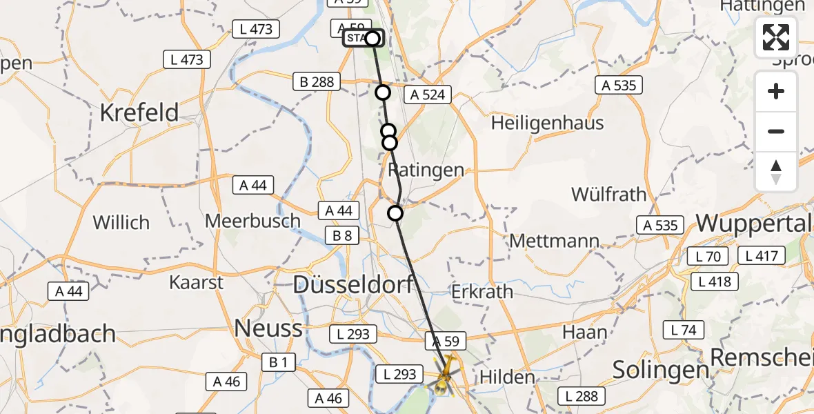 Flugroute Rettungshubschrauber Duisburg Air Rescue Hubschrauberlandeplatz (Christoph 9) - Düsseldorf, 27 Juni 2026, 07:54