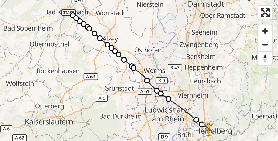 Flugroute Rettungshubschrauber Bad Kreuznach - Heidelberg, 27 Juni 2026, 07:55