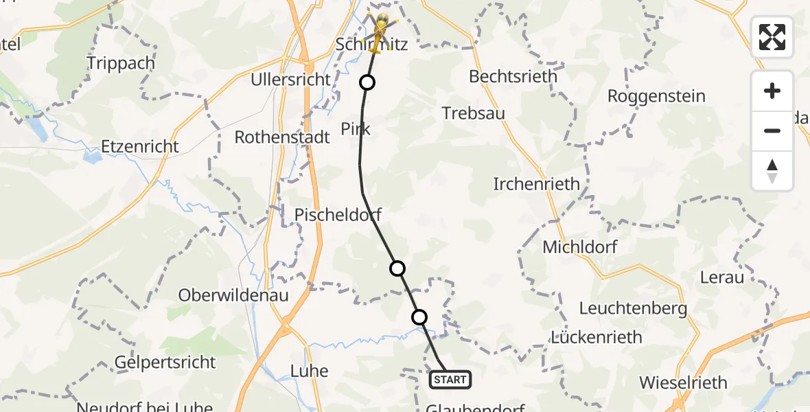 Flugroute Rettungshubschrauber Wernberg-Köblitz - Schirmitz, 27 Juni 2026, 08:03