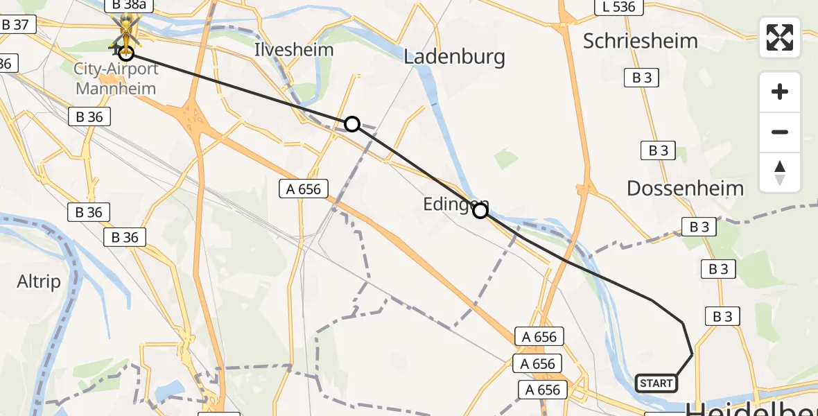 Flugroute Rettungshubschrauber Heidelberg - Mannheim-City Flughafen, 27 Juni 2026, 08:03