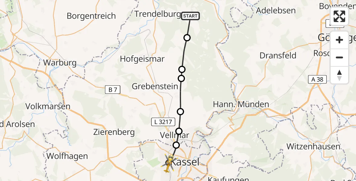 Flugroute Rettungshubschrauber Trendelburg - Kassel, 27 Juni 2026, 08:08
