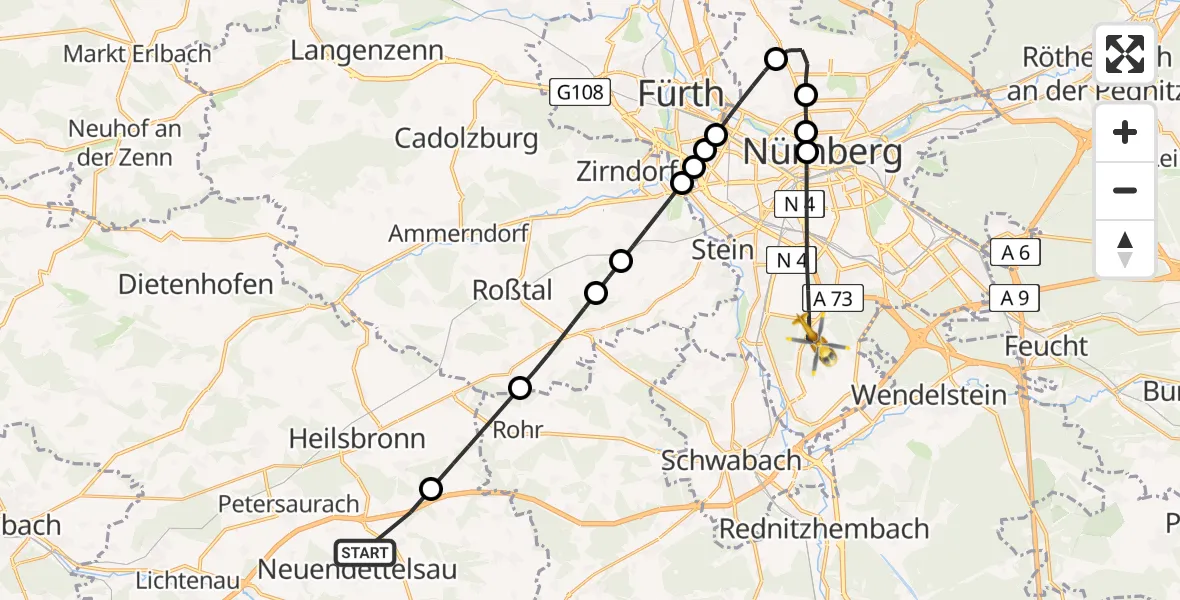 Flugroute Rettungshubschrauber Neuendettelsau - Nürnberg, 27 Juni 2026, 08:08