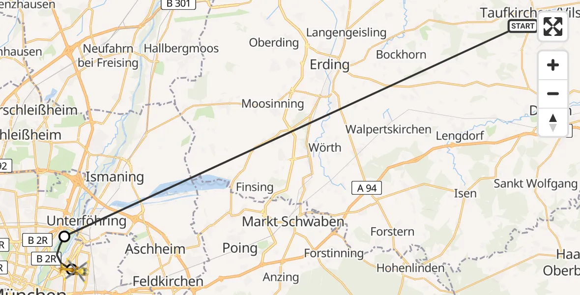 Flugroute Rettungshubschrauber Taufkirchen (Vils) - München Bogenhausen Hospital, 27 Juni 2026, 08:10