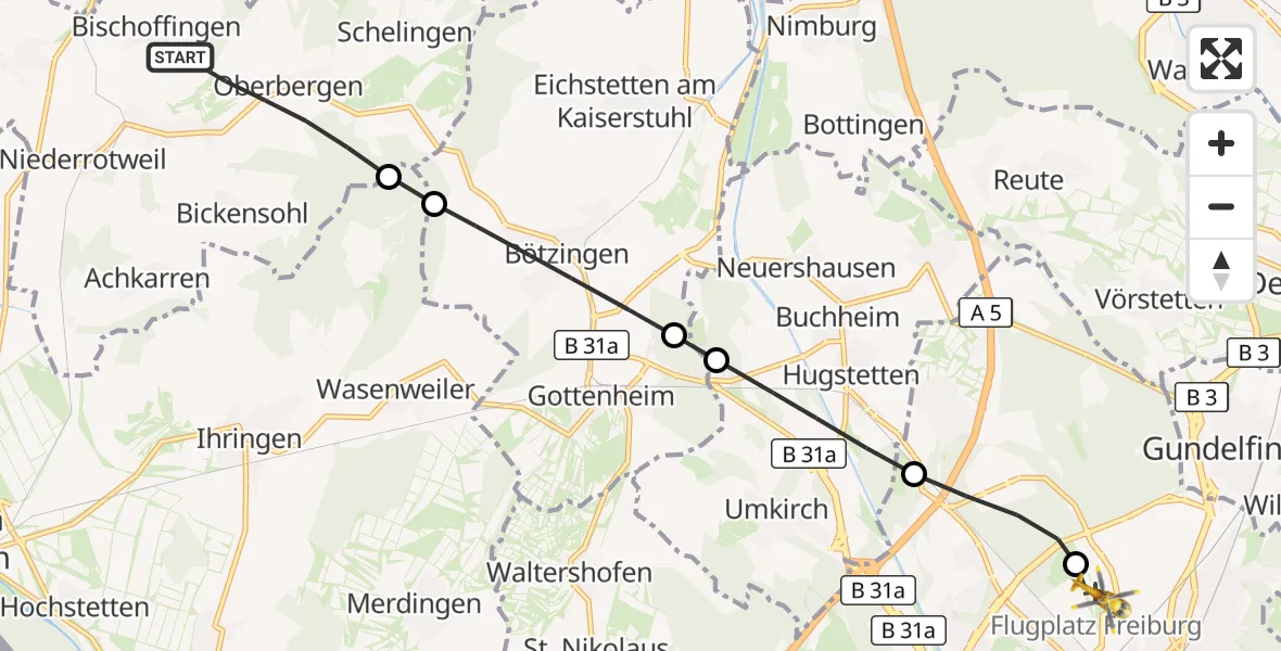 Flugroute Ambulanzhubschrauber Vogtsburg im Kaiserstuhl - Freiburg im Breisgau Flugplatz, 27 Juni 2026, 08:14