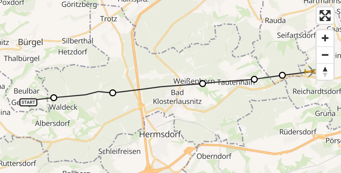 Flugroute Rettungshubschrauber Bürgel - Bad Köstritz, 27 Juni 2026, 08:16