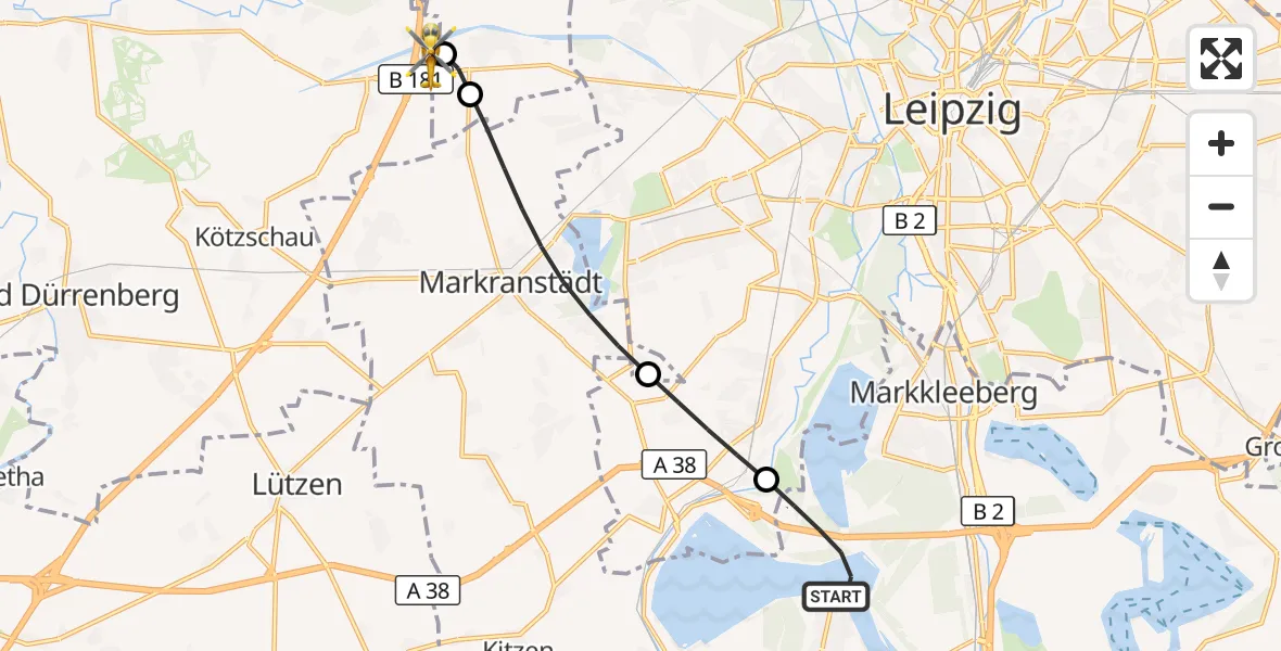 Flugroute Rettungshubschrauber Zwenkau - ADAC Air Rescue Station Leipzig/Schkeuditz-Dölzig Hubschrauberlandeplatz (Christoph 61), 27 Juni 2026, 08:20