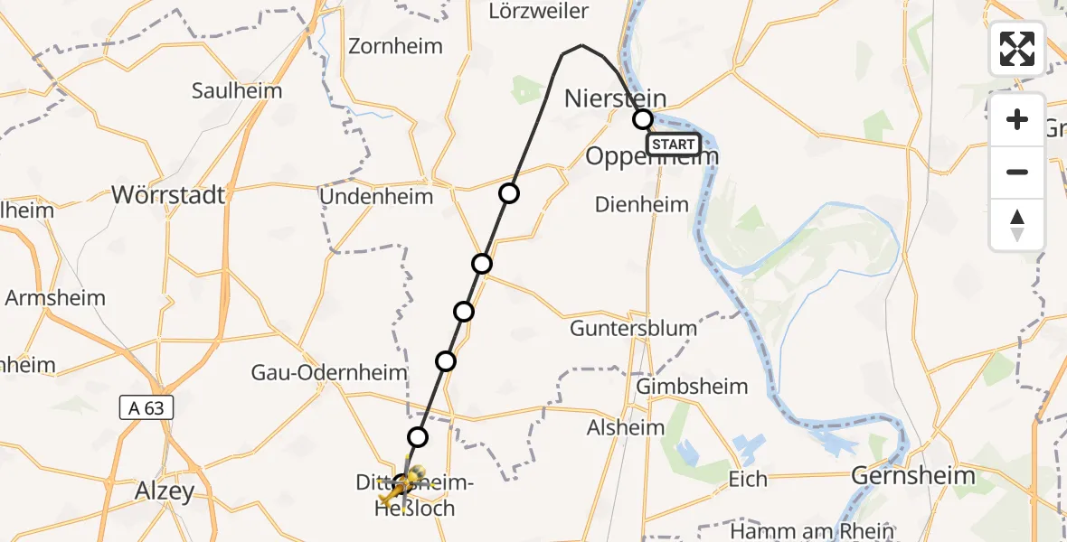 Flugroute Rettungshubschrauber Oppenheim - Dittelsheim-Heßloch, 27 Juni 2026, 08:20