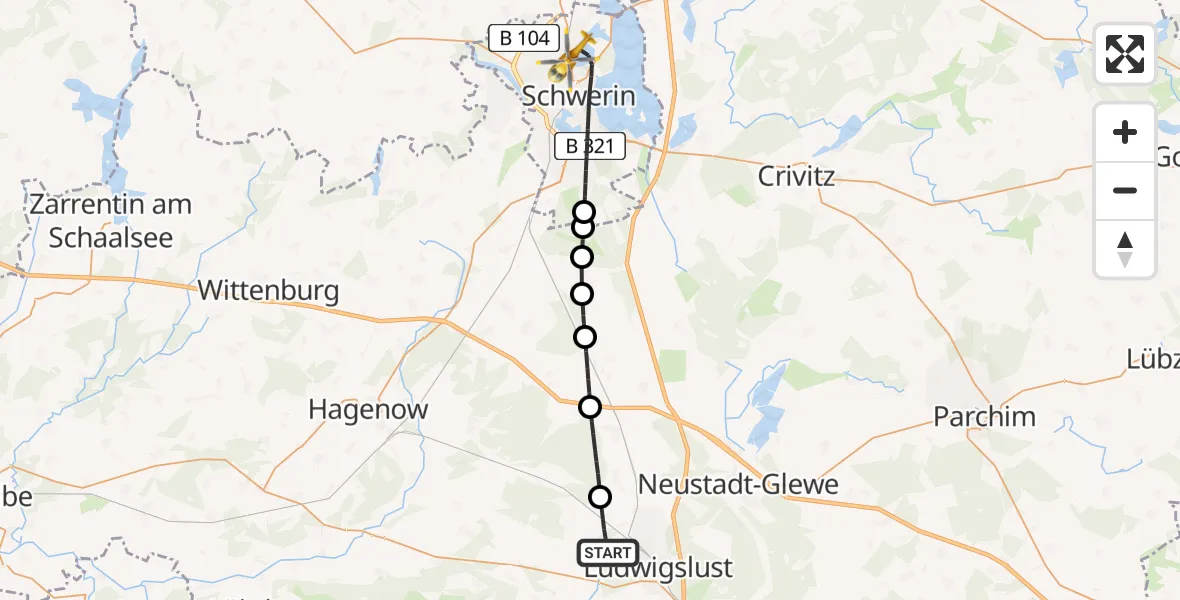 Flugroute Rettungshubschrauber Ludwigslust - Schwerin, 27 Juni 2026, 08:25