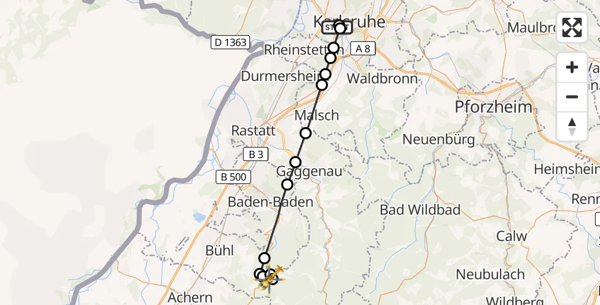 Flugroute Ambulanzhubschrauber Sankt Vincentius Hospital - Forbach, 27 Juni 2026, 08:27