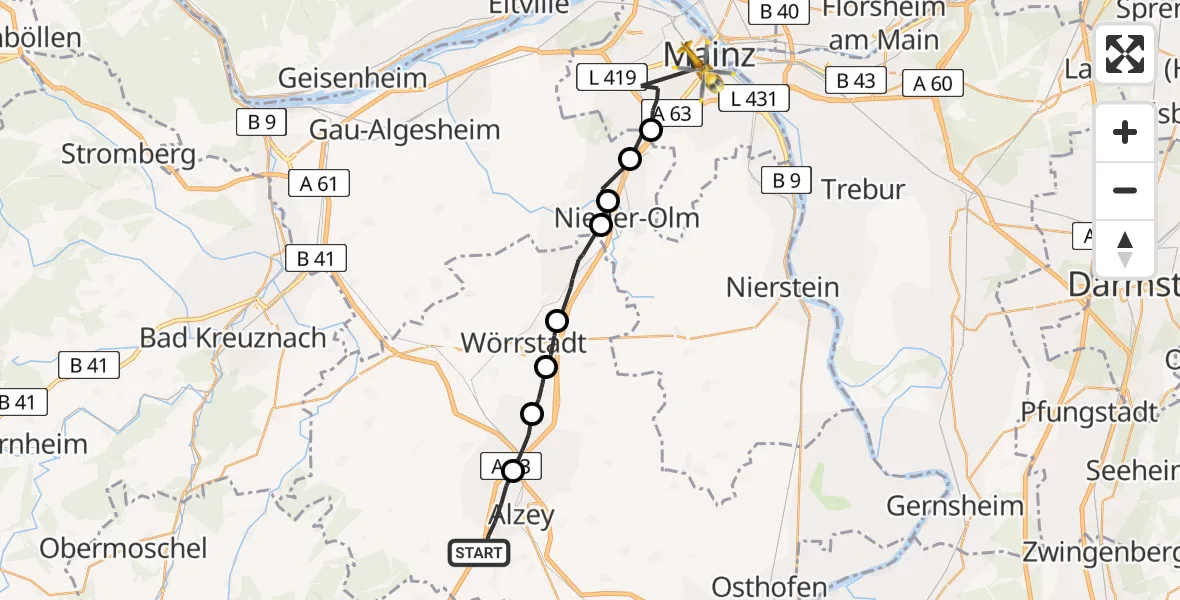 Flugroute Rettungshubschrauber Alzey - Mainz, 27 Juni 2026, 08:28