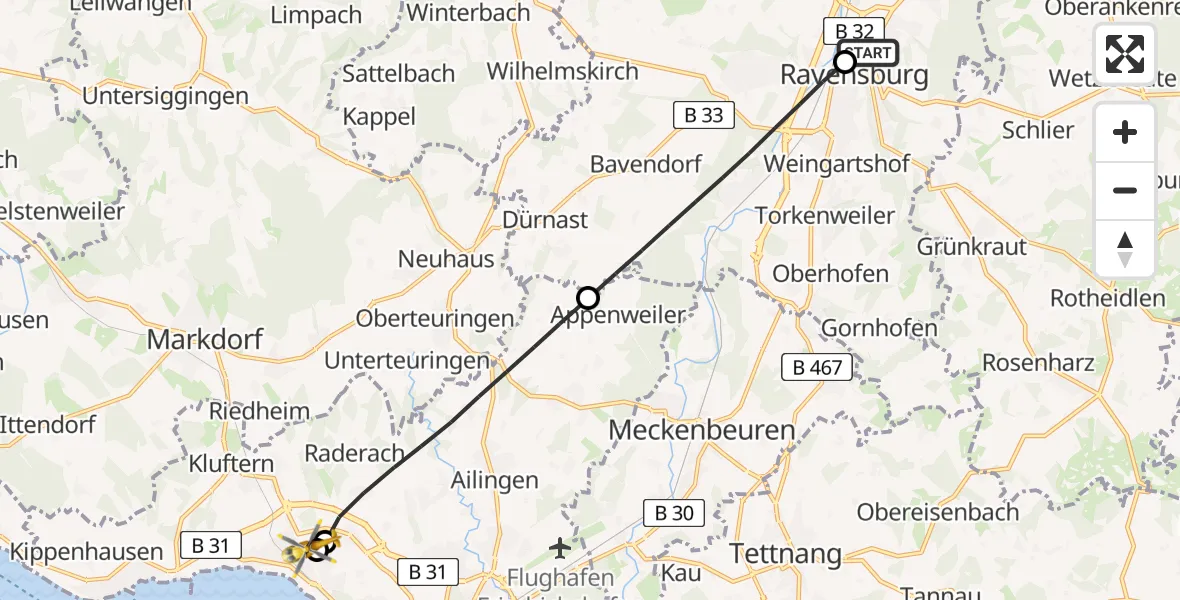Flugroute Rettungshubschrauber Sankt Elisabeth Hospital - Friedrichshafen Hospital, 27 Juni 2026, 08:32