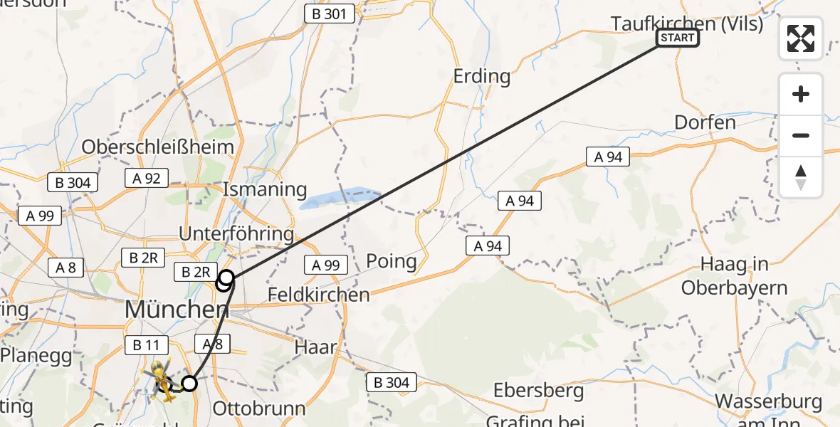 Flugroute Rettungshubschrauber Taufkirchen (Vils) - ADAC Air Rescue Center Hubschrauberlandeplatz (Christoph 1), 27 Juni 2026, 08:33