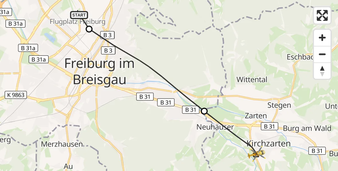 Flugroute Ambulanzhubschrauber Freiburg im Breisgau Flugplatz - Kirchzarten, 27 Juni 2026, 08:35