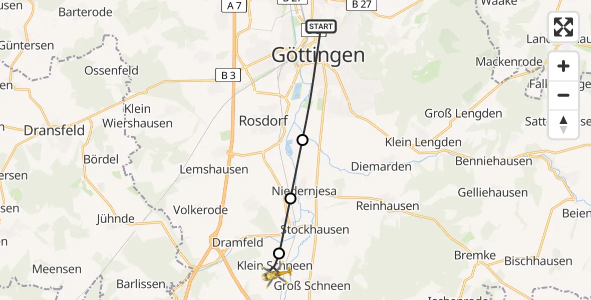 Flugroute Rettungshubschrauber Göttingen - Friedland, 27 Juni 2026, 08:37