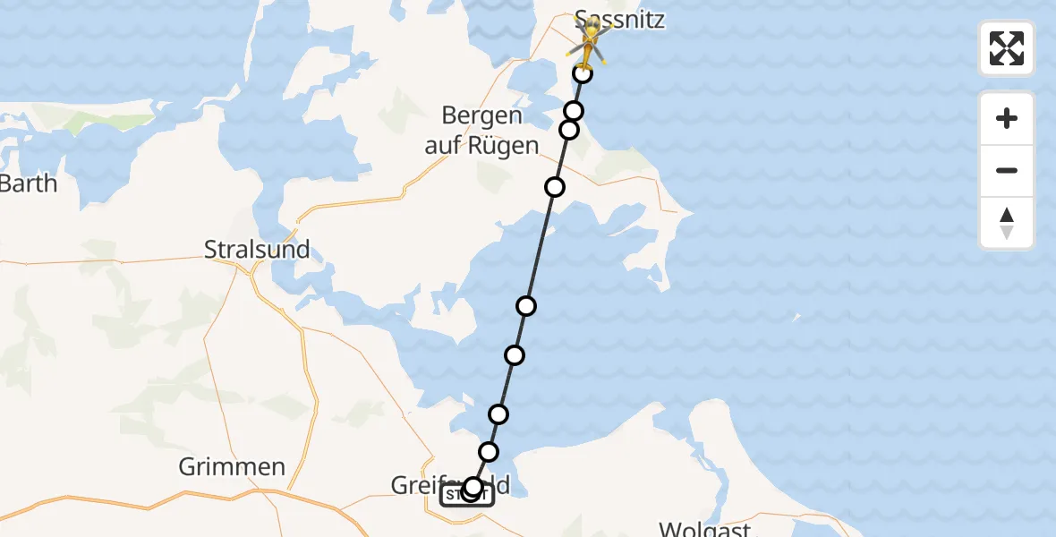 Flugroute Rettungshubschrauber Greifswald Hospital - Sassnitz, 27 Juni 2026, 08:39