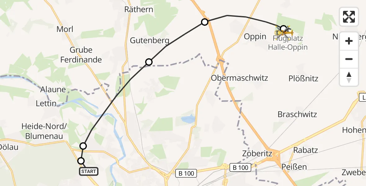Flugroute Rettungshubschrauber Halle (Saale) University Hospital - Halle-Oppin Flugplatz, 27 Juni 2026, 08:40