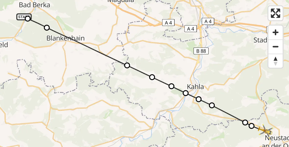 Flugroute Ambulanzhubschrauber Bad Berka Central Hospital - Neustadt an der Orla, 27 Juni 2026, 08:42