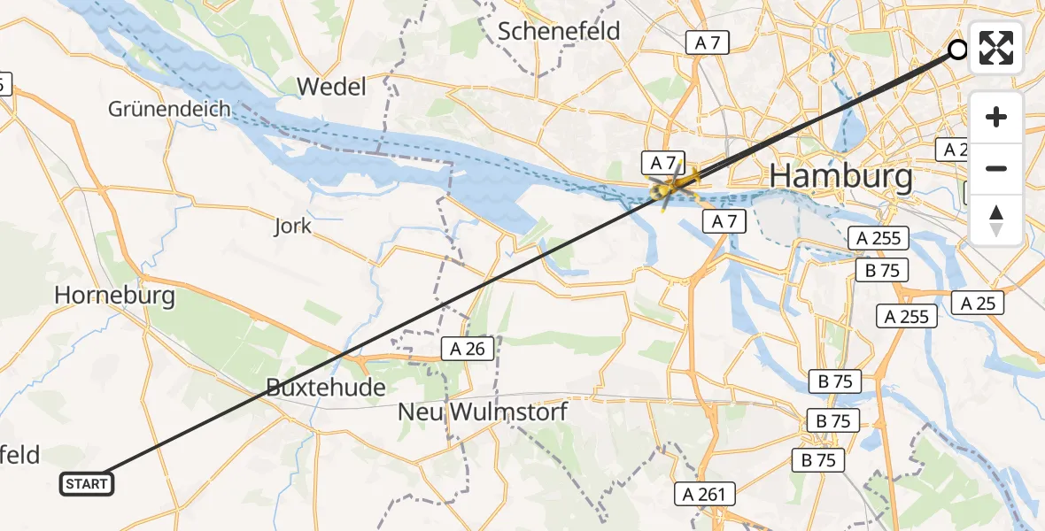 Flugroute Rettungshubschrauber Harsefeld - Hamburg, 27 Juni 2026, 08:48
