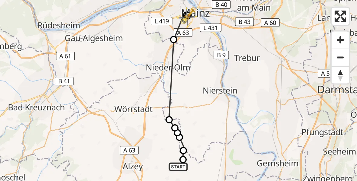 Flugroute Rettungshubschrauber Dittelsheim-Heßloch - Mainz University Hospital, 27 Juni 2026, 08:49