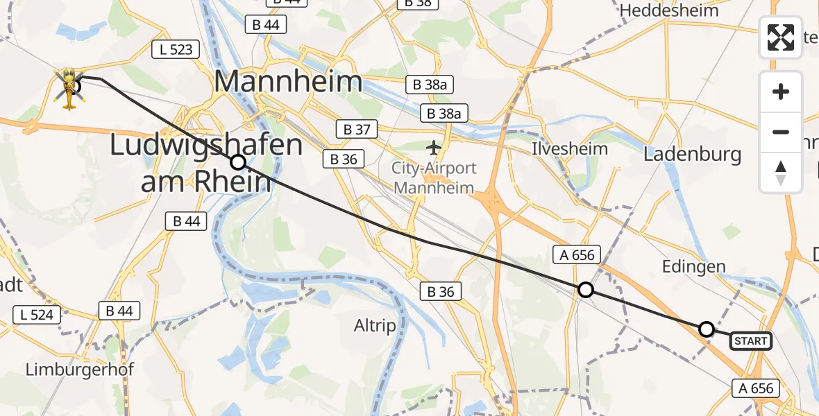 Flugroute Rettungshubschrauber Heidelberg - Ludwigshafen Accident Hospital, 27 Juni 2026, 08:57