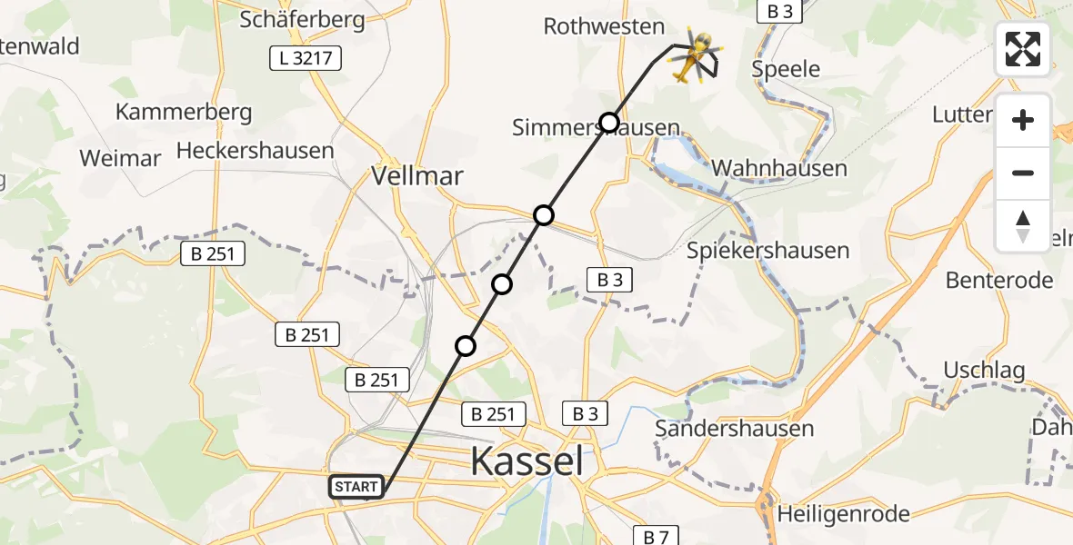 Flugroute Rettungshubschrauber Kassel - Fuldatal, 27 Juni 2026, 08:57